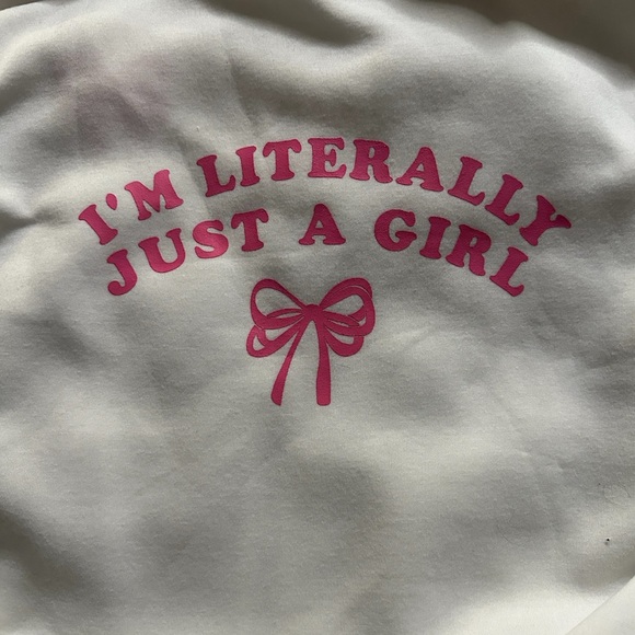 White Hoodie with Pink Bow Embroidery. “I’m literally just a girl” in the back - Picture 5 of 5